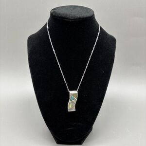 925 Sterling Silver Abalone Pendant Necklace Modernist Wave Geometric Inlay